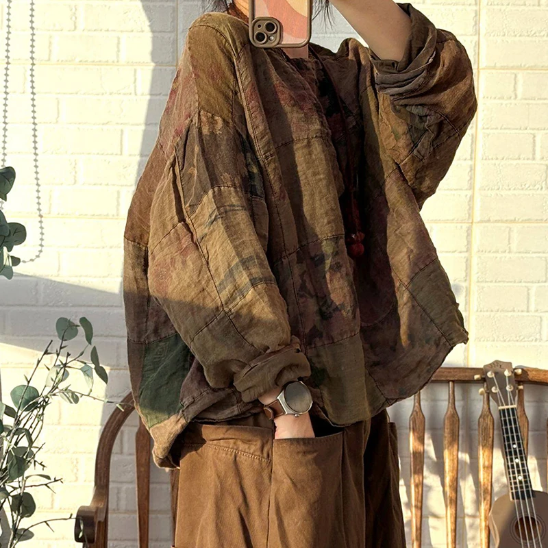 100% Linnen Vrouwen Casual Blouse Shirt Nieuwe 2025 Herfst Vintage Stijl O-hals Bloemenprint Losse Vrouwelijke Lange Mouw Truien M2191