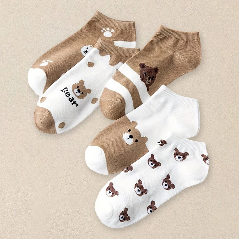 5 Pairs Women Cartoon Bear Printed Ankle Socks Cute Fashionable Versatile Socks Lightweight Comfortable Antibacterial Short Sock