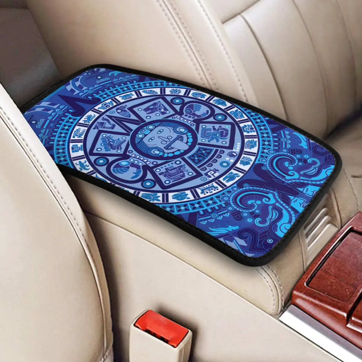 Aztec Calendar In New Blue Car Accessories Car Handrail Box Cushion Custom Print Non-slip Car Armrest Cover