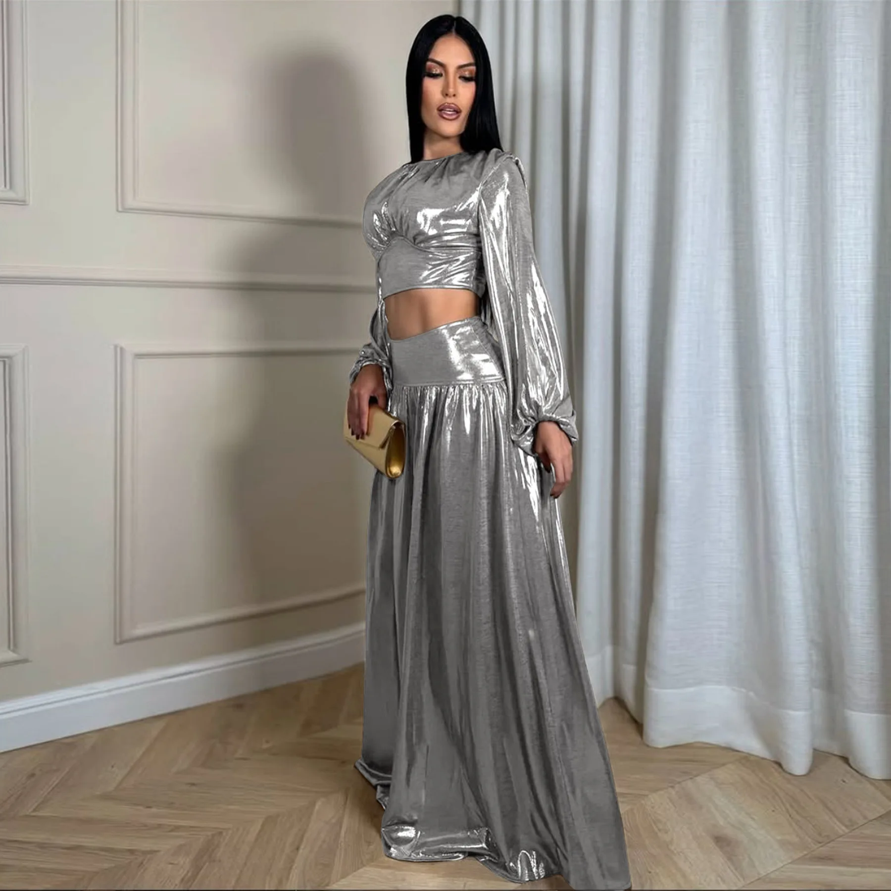 

Sexy Waist-Cinching Lantern Sleeve Round Neck Half-length Skirt Set Women's Fashion Street Style Polyester Long Sleeve