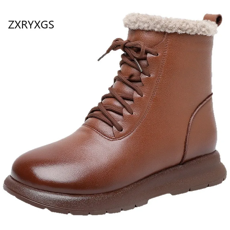 

ZXRYXGS теплые зимние ботинки из воловьей кожи с верхним слоем, темпераментные элегантные зимние ботинки из натуральной кожи 2025, женские модные ботинки на плоской подошве