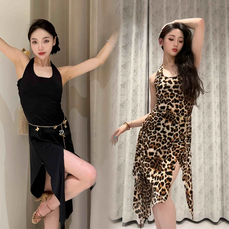 Volwassenen Ballroom Dans Praktijk Pakken Zwart Luipaard Latin Dans Jurk Vrouwen Chacha Samba Latin Dans Jurken Stadium Slijtage SL13197