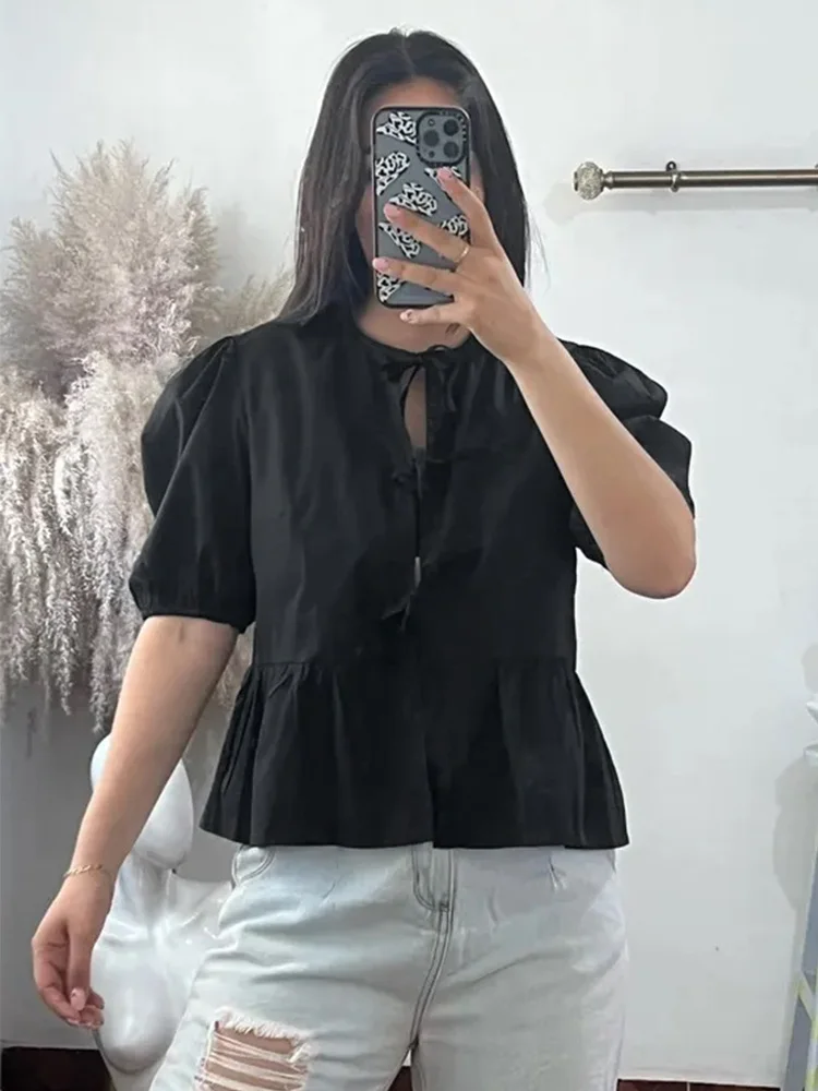 Summer Casual Solid Puff Short Sleeves Blouses for Woman Fashion Lace-up Hollow Out Shirt Tops Female Chic O-neck Top TRAF