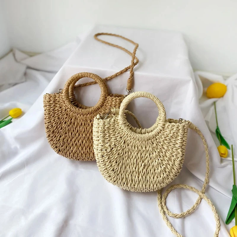 2024 Summer Handmade Bags for Women Beach Weaving Ladies Straw Bag Wrapped Beach Bag Moon shaped Top Handle Handbags Totes