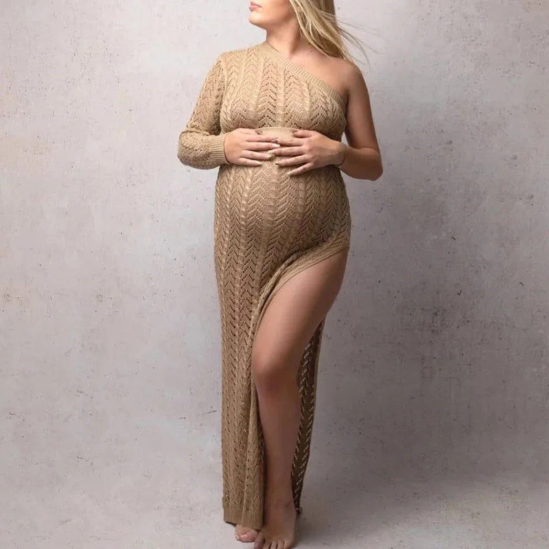 Vestido de fotografía de maternidad de un hombro para mujer, Vestido de punto con abertura alta, falda larga, vestido de fotografía para sesión de