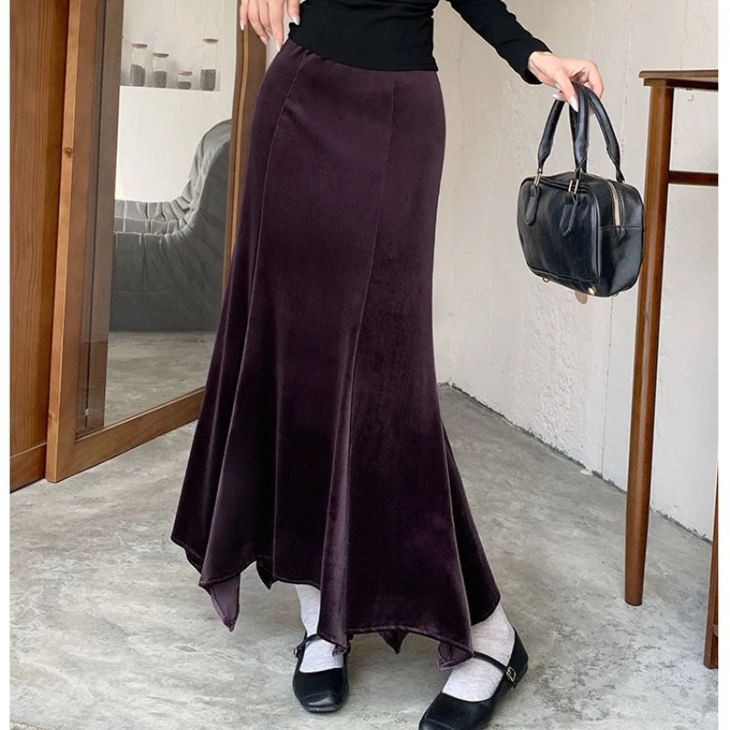 

Seoulish Vintage Velvet High Waist Women's Mermaid Long Skirts 2025 New Autumn Winter Irregular Wrap Fishtail Skirts Female
