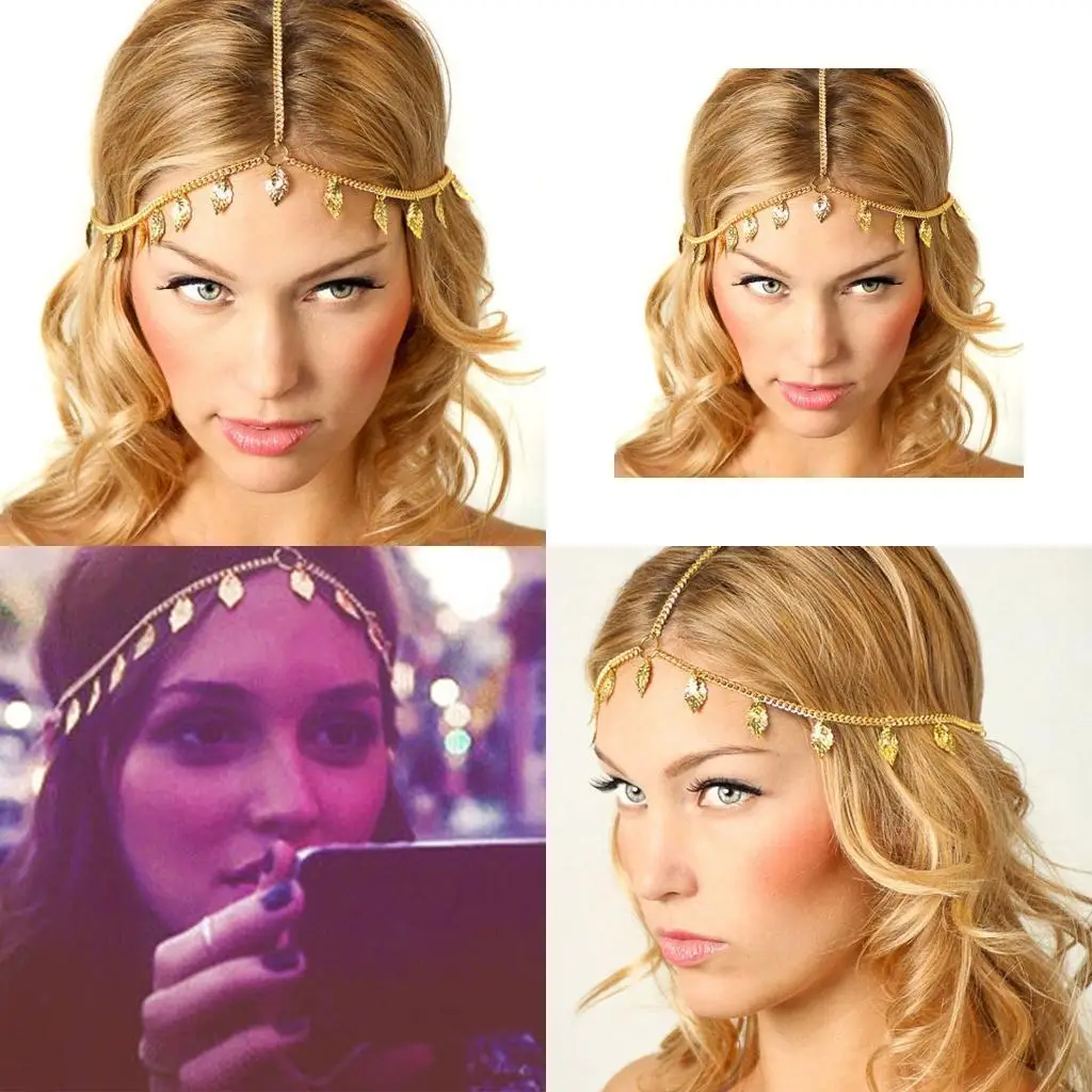 

R1WE Женские девочки Vintage Metal Metal Alloy для головного цепочка богемия повязка на голову золотые листья Tas