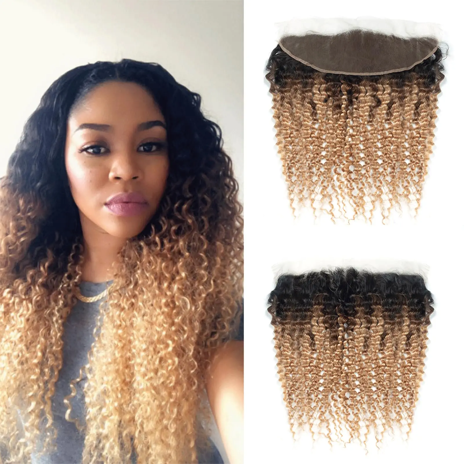 Spark 1B427 Human Hair T1b/4/27 Kinky Curly Lace Frontal Closure 13x4 Ear to Ear Free Part Remy Ombre Color Medium Ratio