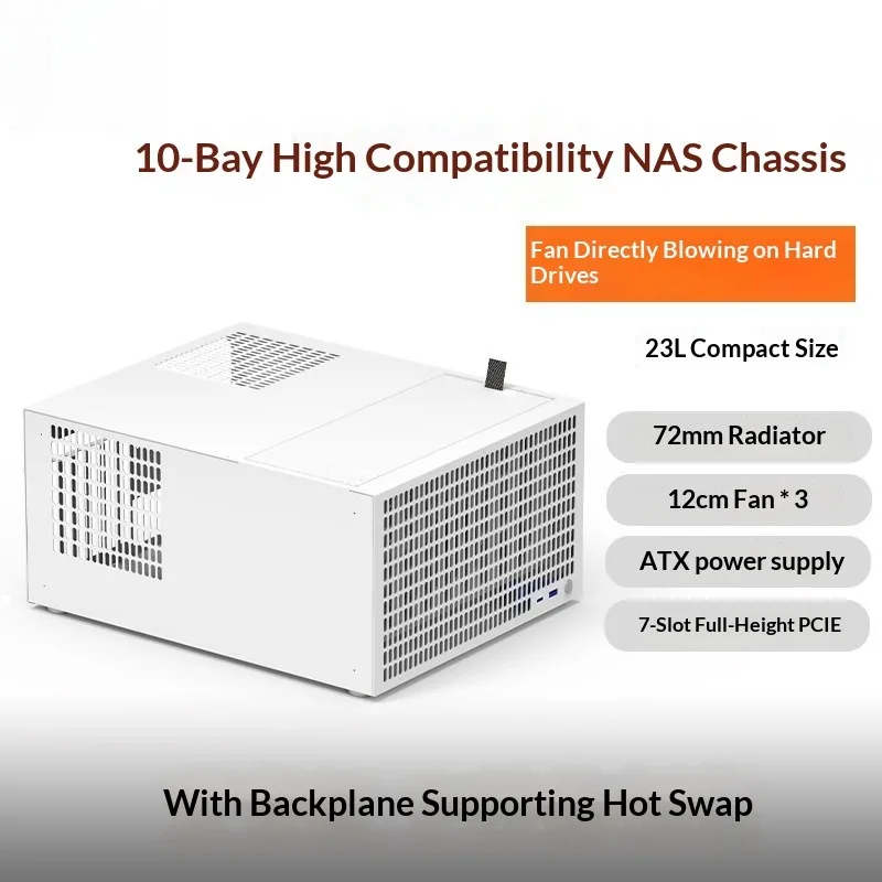10-Bay Home Server Chassis - ATX Motherboard, 7 Full PCIe, 12Gb SAS Backplane, Magnetic Front Panel, 392x318x186mm