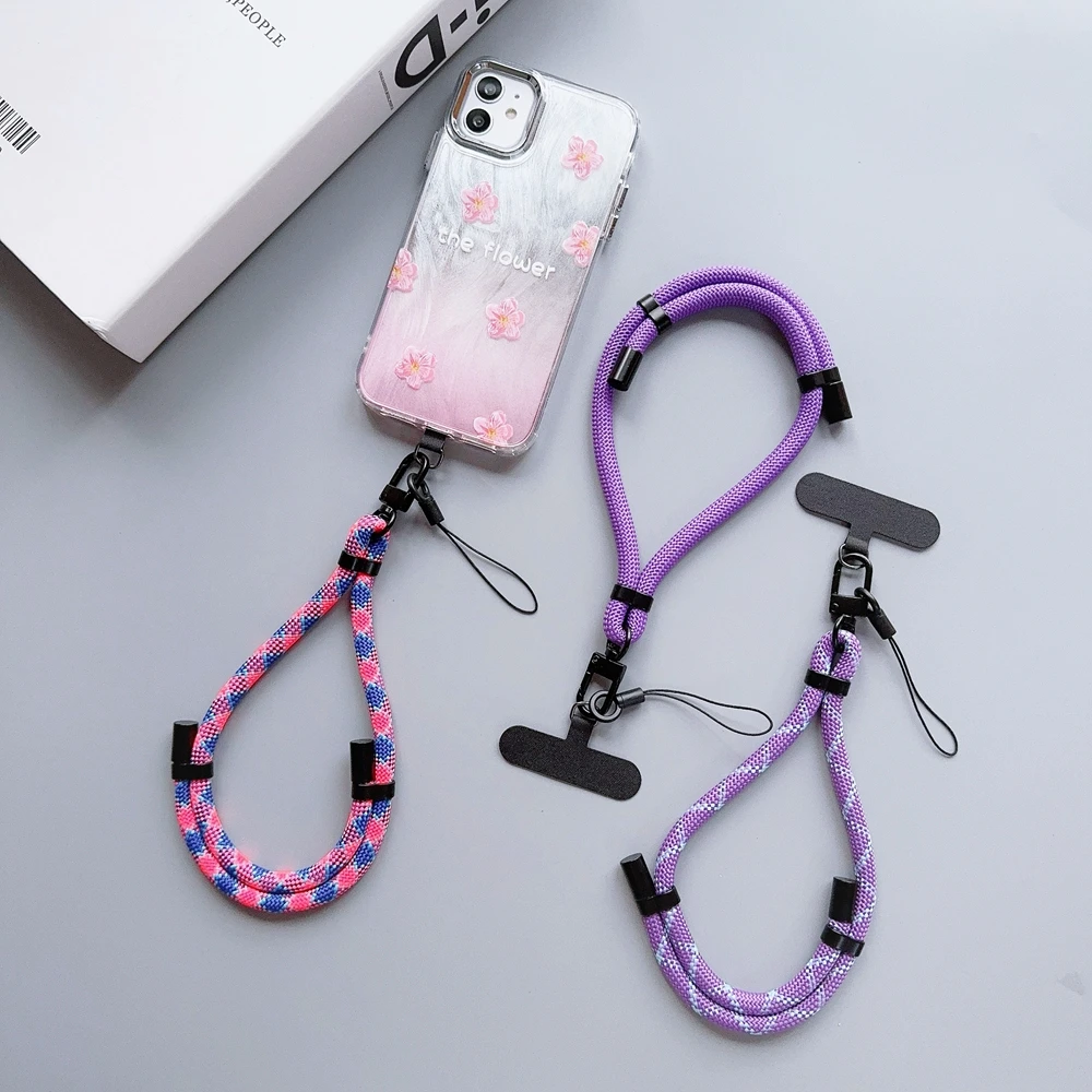 Universal Adjustable Braided Phone Lanyard Strap Hanging Chain Ring Cord with Patch Wrist Strap Phone Detachable Rope Keychain