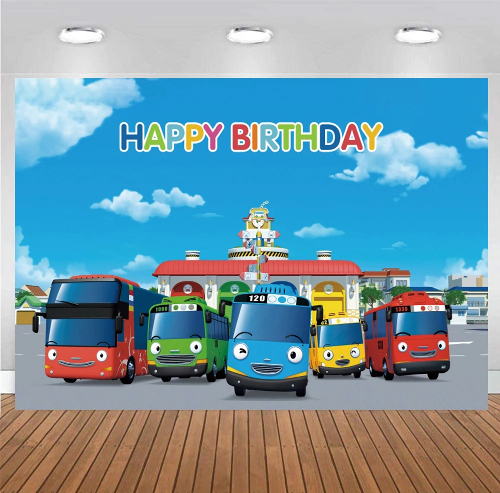 Tayo Little Bus Backdrop Boy Runway Racing Cars Happy Birthday Party 1st Photography Background Photo Banner Decoration