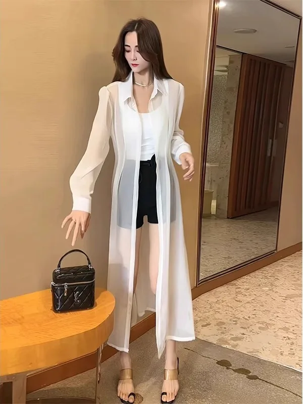 

Long Sve Women's Summer 2025 New Fairy Outerwear Faion Sun Protection irt Knee-Length Thin Cardigan Coat Casual Commut...