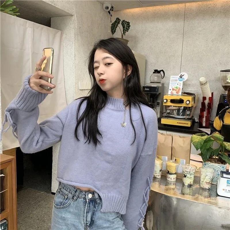 Irregular Pullovers Women Cropped Bandage Half High Collar Girlish Retro Design Chic Sweet Mujer Sweaters Preppy Tender Holiday