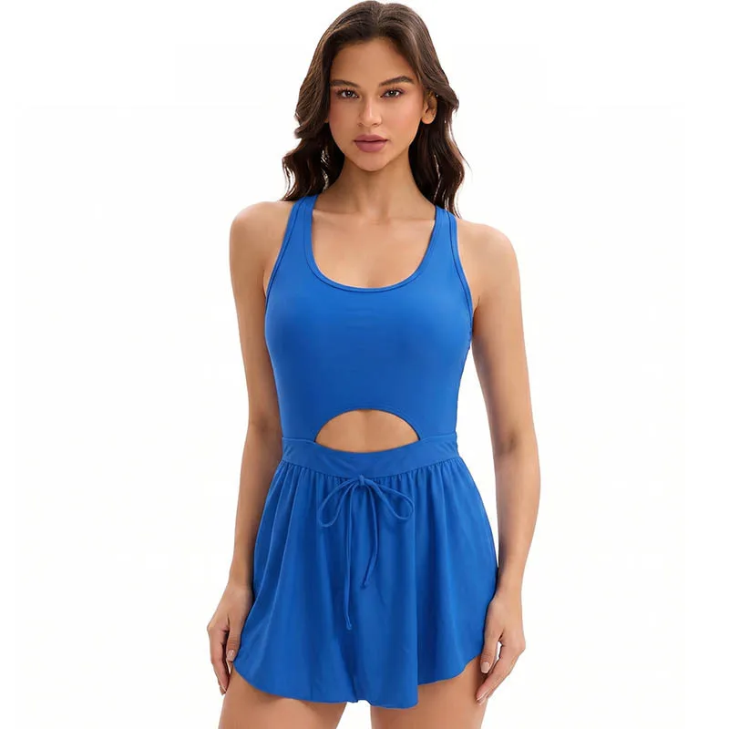 One Piece Swimsuit Women Sleeveless Solid Tummy Control Swimwear Swim Dress with Padded Chest No Underwire Rash Guard Beachwear