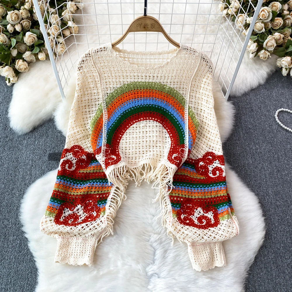 Embroidery Rainbow Crochet Top Sheer Openwork Pullover Batwing Sleeve Cover Up for Women Spring Summer Fairycore Outfit