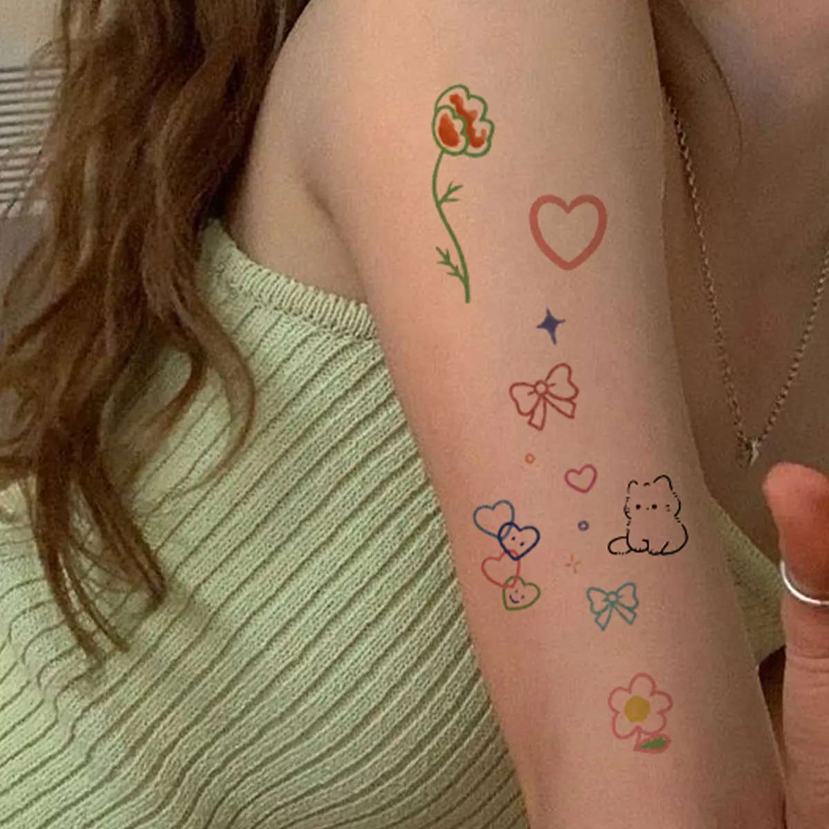 6pcs Cute Cartoon Pattern Colored Flower Heart Temporary Tattoo Stickers Small Pattern Animal Waterproof Magic Tattoo for Girls