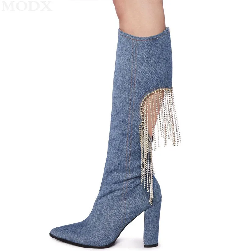 Pointed Toe Rhinestone Tassel Backless Chunky Heel Cowboy Over The Knee Boots Walking Dancing Women's Boots Fashion Sandal Boots