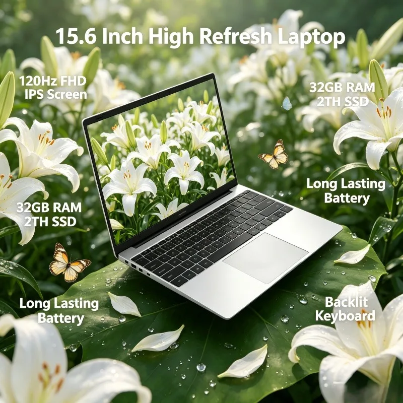 

15.6" Laptop with Large Capacity Battery, 120Hz FHD IPS High Refresh Screen, Intel N3700, 32GB RAM, 2TB SSD & Backlit Keys