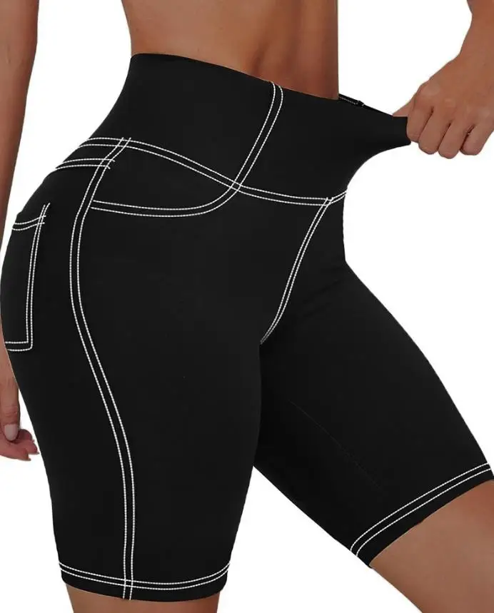 Calções femininos 2025 verão nova cor sólida cintura alta yoga ginásio treino correndo shorts levantamento de bunda biker shorts com bolsos