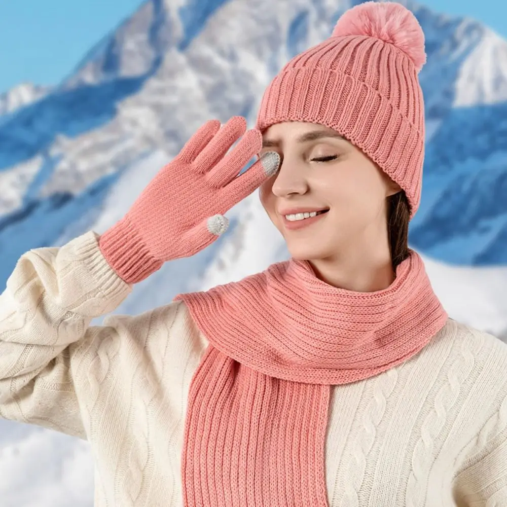 3Pcs/Set Gift Warm Women Hats Scarf Gloves Set Soft Ear Protection Knitted Hat Windproof Touchscreen Gloves Outdoor