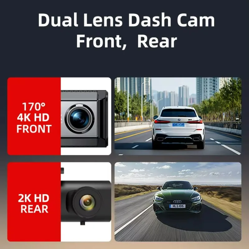 Dashboard Cam 2 Channel 2160P DVR 3.69 Inch IPS LCD Dual Lens Dashboard Cam 4k + 2k Black Box F1.8 with Agent Parking Monitoring