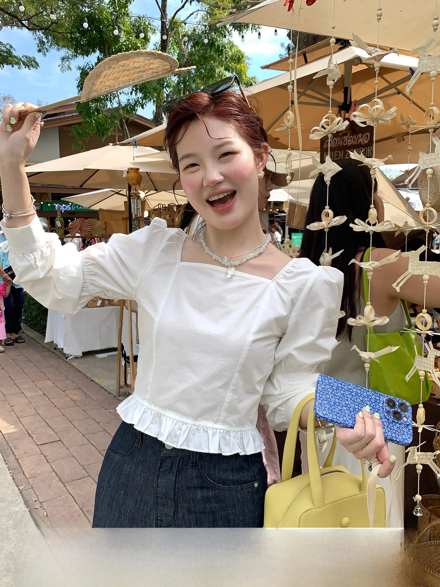 

Корейская женская блузка из чистого хлопка с длинным рукавом и квадратным вырезом, серия Cloud Mist, с узлом, в стиле Gentle Wind