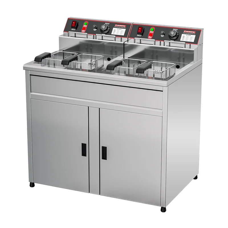 

2 tank 2 Basket Deep Fryer Chicken French Chips Deep Fryer Machine Commercial Double Tank Vertical Electric Fryer with Cabinet