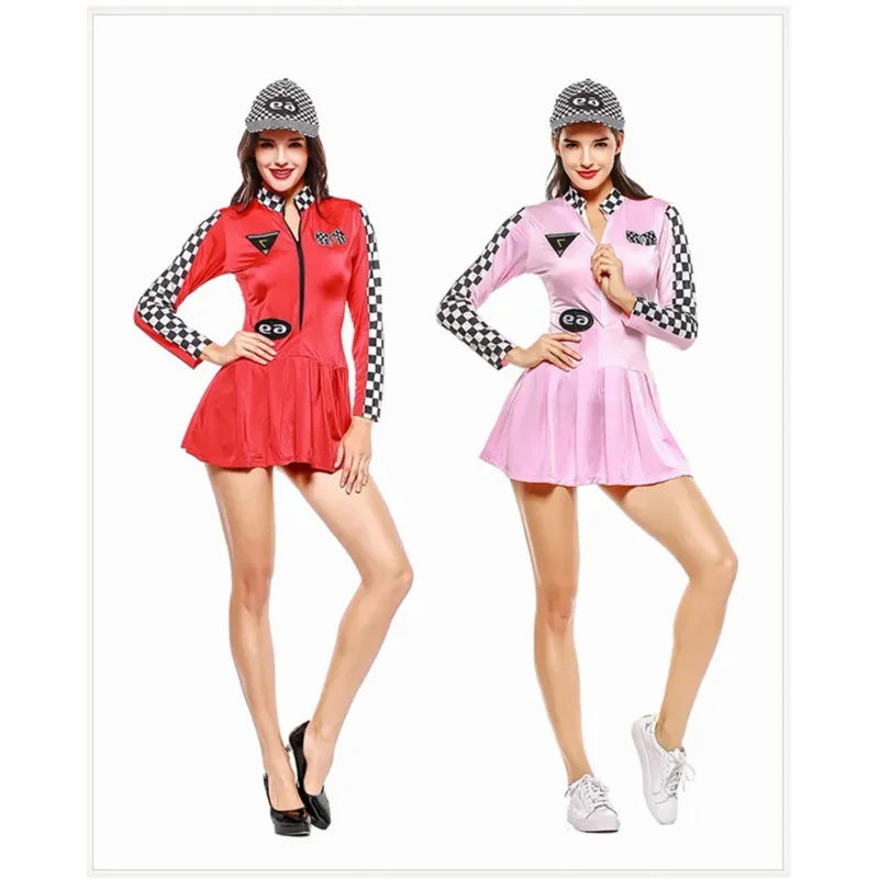 Red pink sexy race girl cheerleader costume long sleeve mini dress WOMEN'S car driver