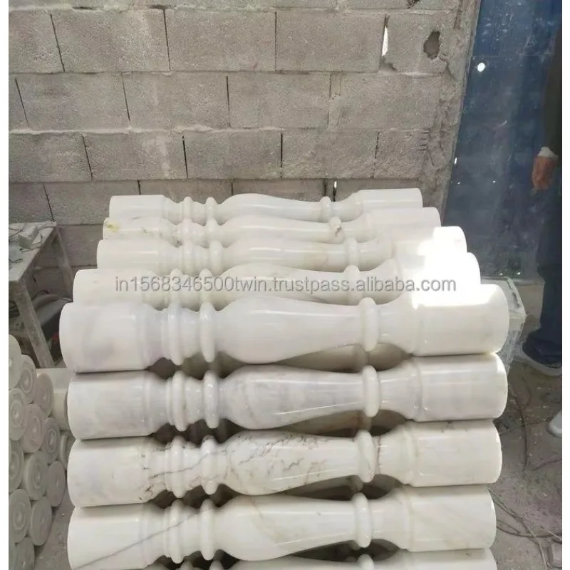 Designer custom hand-carved white marble railing pillar modern stair railing