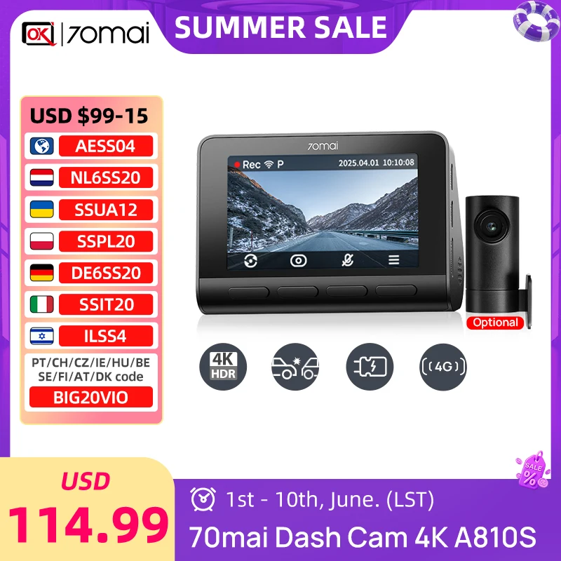 70mai Ultra HD 4K Dash Cam A810 & A810S Global Built-in GPS ADAS