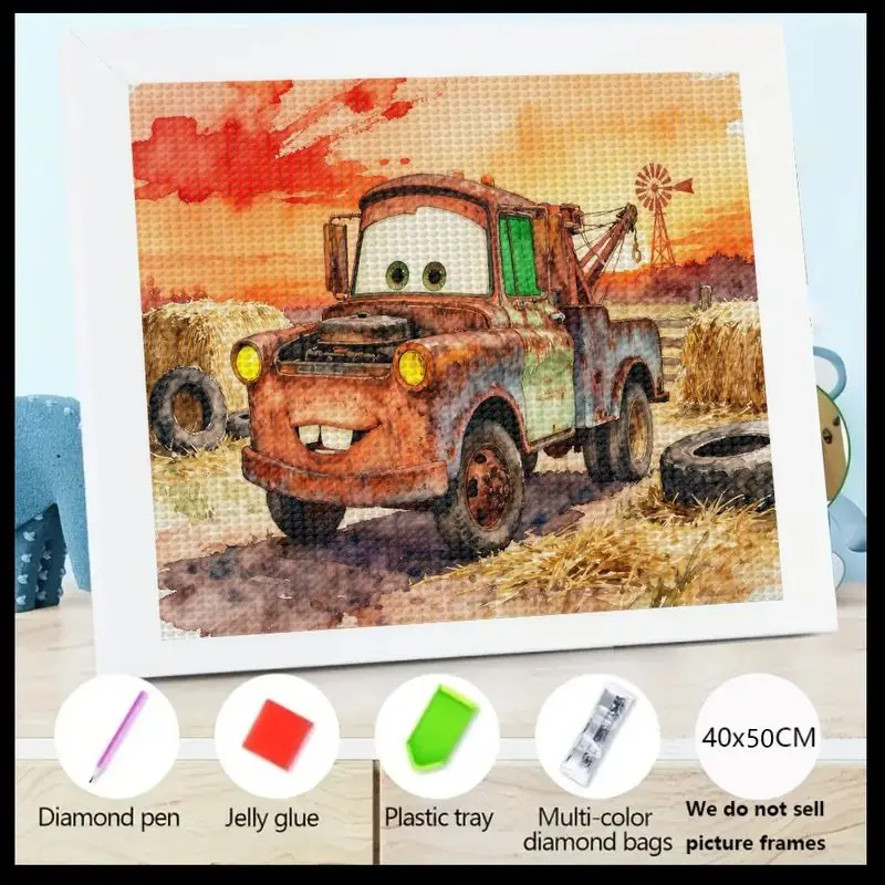 

DIY 5D Full Drill Diamond Painting Kit, Disney Pixar Cars Mater Tow Truck, деревенская ферма, сцена, тюки сена и дизайн ветряной мельницы,