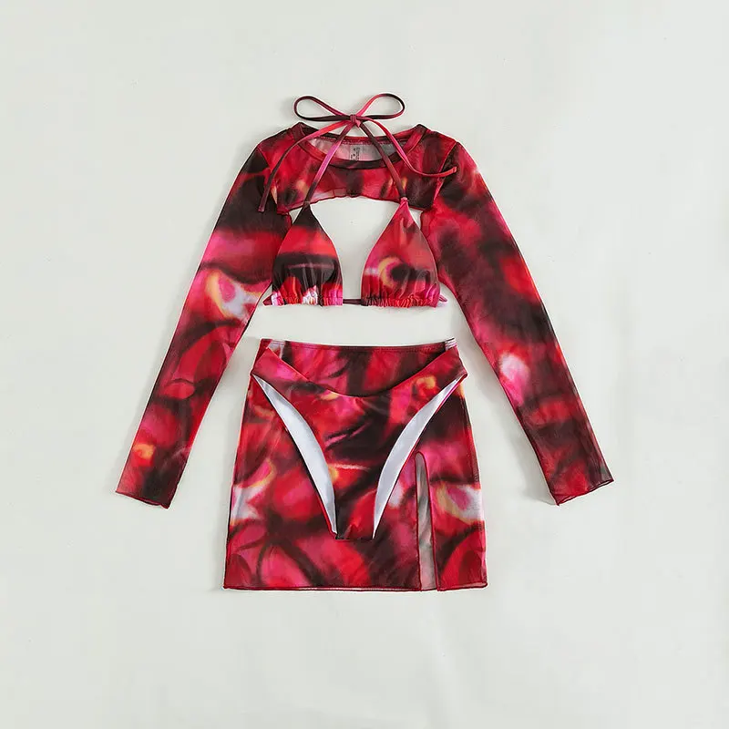 Sexy Swimwear Swimsuit Bathing Suit Women Bikini Set Three Piece Suits Print Long Sleeved Hoodie High Waist Beach Bikinis