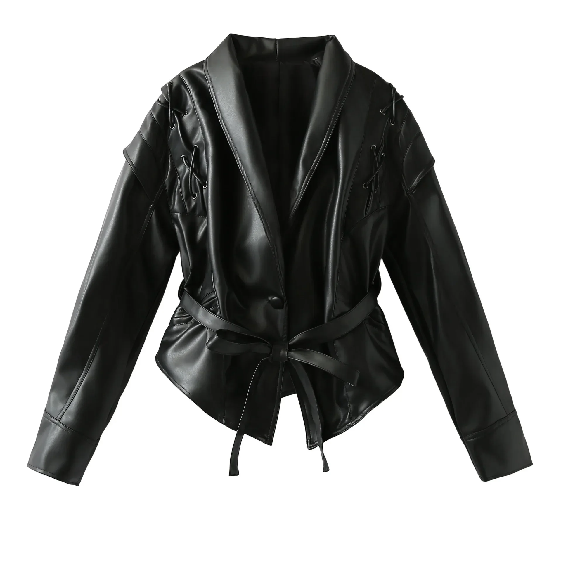 Jaqueta de couro vintage feminina elegante rendas até casacos de luxo primavera outono casaco blusão pu jaqueta bomber roupas femininas