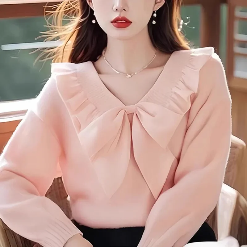 Primavera otoño suéter rosa 2025 nuevo cuello en V ropa suelta de mujer pulóver Top moda Falbala Bowknot blusa de punto femenina
