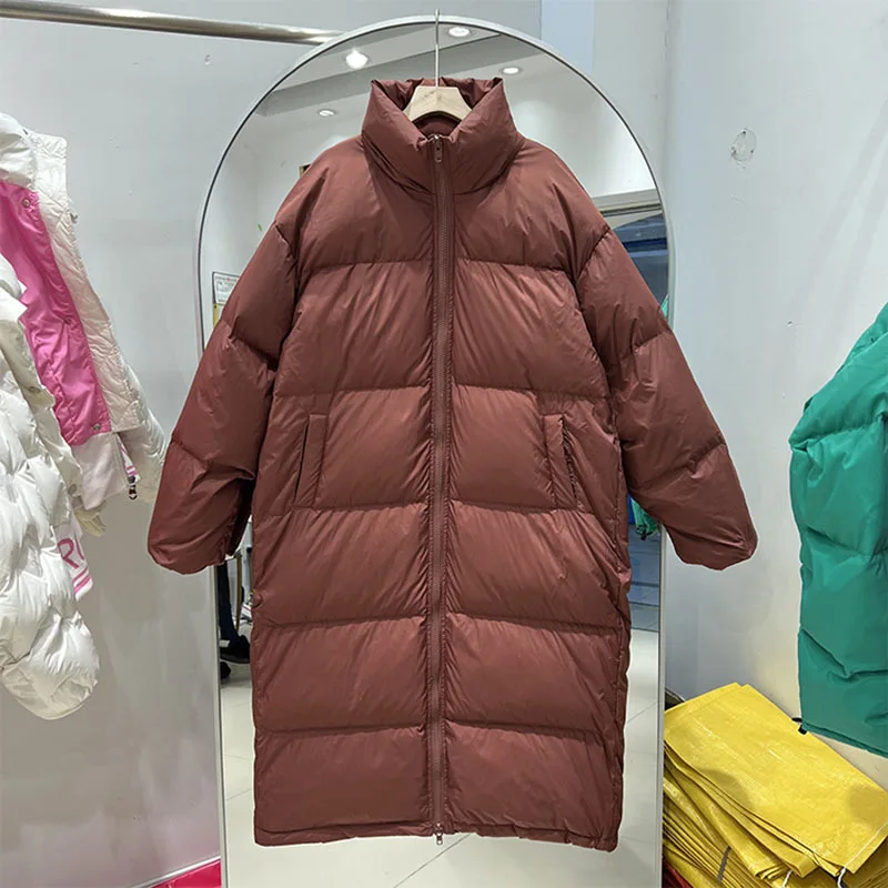 

Winter Women White Duck Down Coat Thick Solid Color Stand Collar Fashion Long Puffer Jacket Loose Warm Overcoat Female Parkas