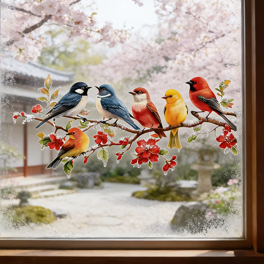 1 Set of 6 Birds Perching on a Waxflower Branch with Red Flowers, Creative New Stickers, Suitable for Bedroom, Living Room, Book Decoration, and Library Background Wall Decoration