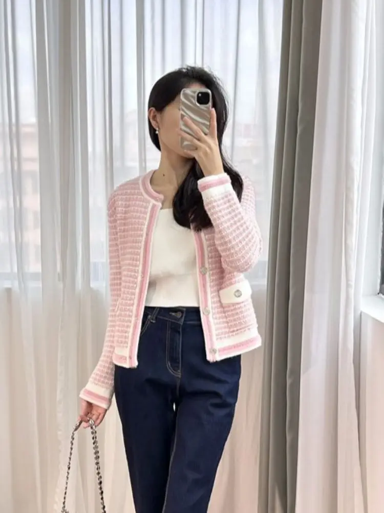 Women Pink Cardigan Stripes Single Breasted O-Neck Long Sleeve Sweet Spring 2024 Knitted Sweater