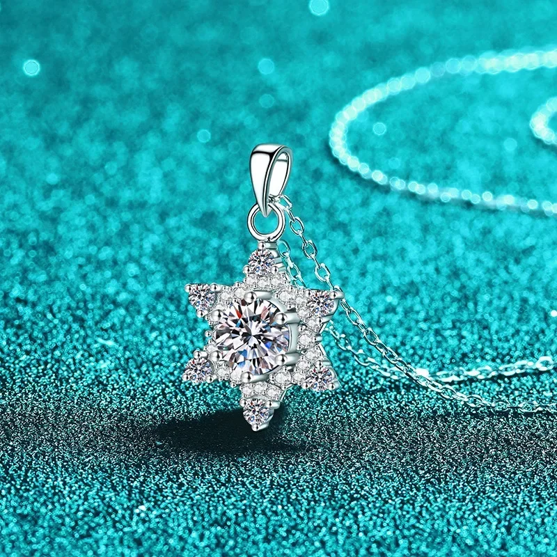 Platinum PT950 Moissanite Snowflake Hexagram Necklace Light Luxury Korean Edition Fashion Trend Collarbone Chain Jewe