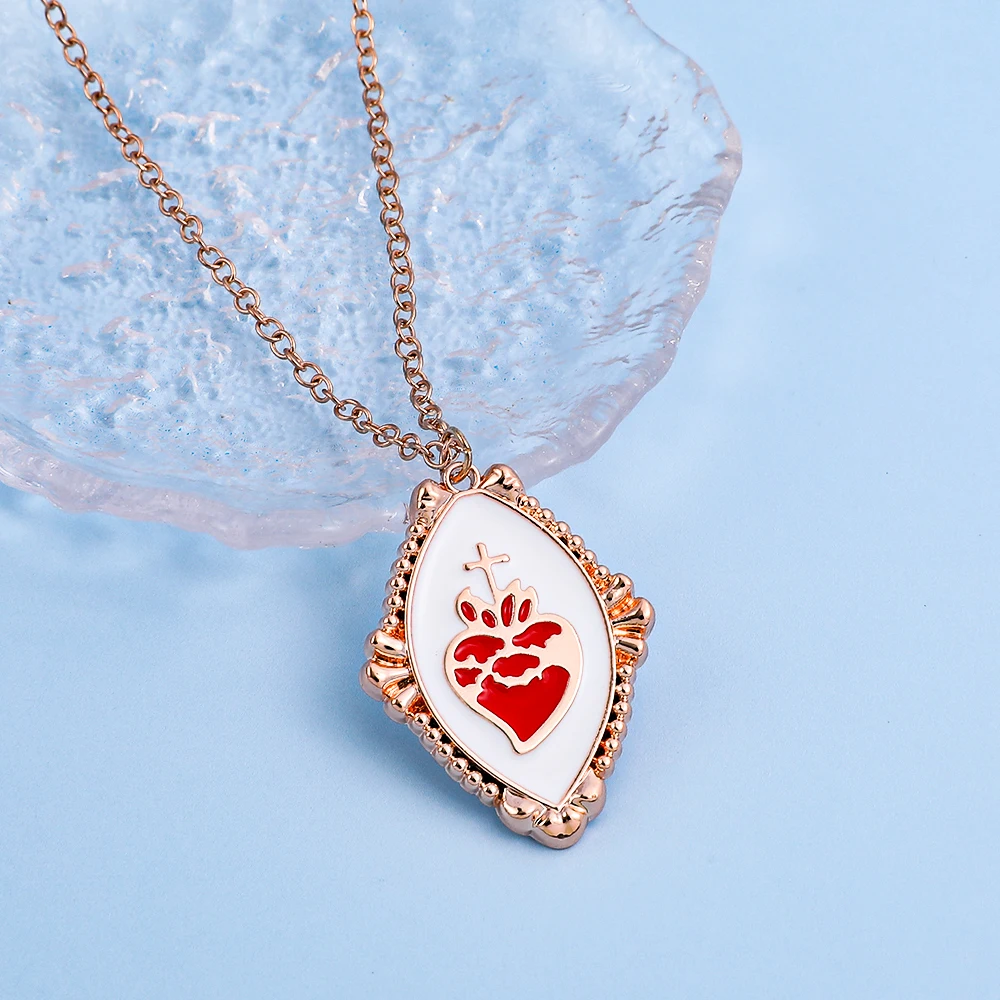 Retro Aesthetic Sacred Heart Necklace Ornate Rhombus Enamel Pendant with Cross Gothic Statement Jewelry