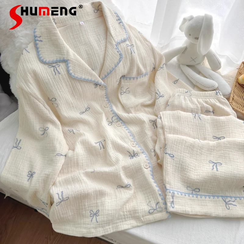 

Autumn Japanese Style Girls' Pajamas Two Piece Set Cotton Gauze Home Wear Female Outside Spring Autumn Sweet Loungewear