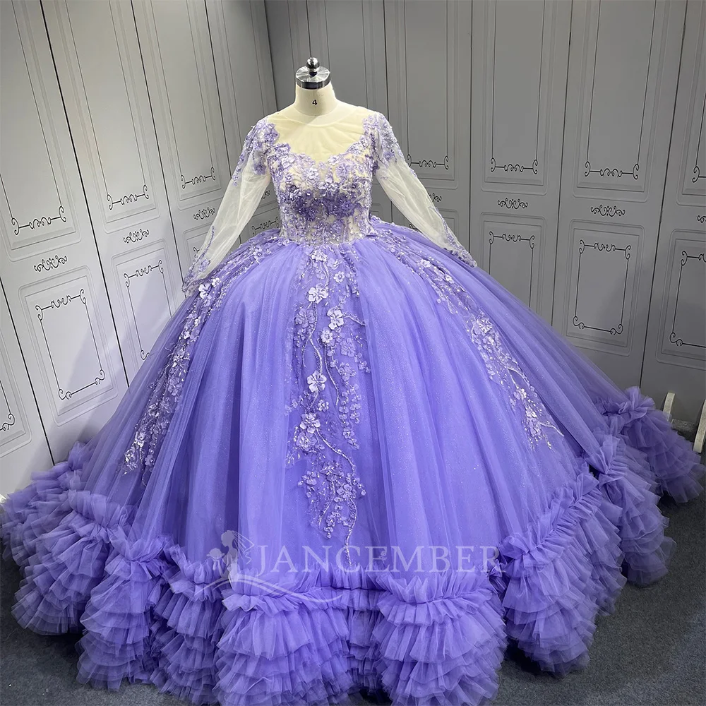 

Блестящее бальное платье лаванды, платья Quinceanera с круглым вырезом, сексуальные вечерние платья принцессы с длинными рукавами, Vestidos De 15, Anos по индивидуальному заказу