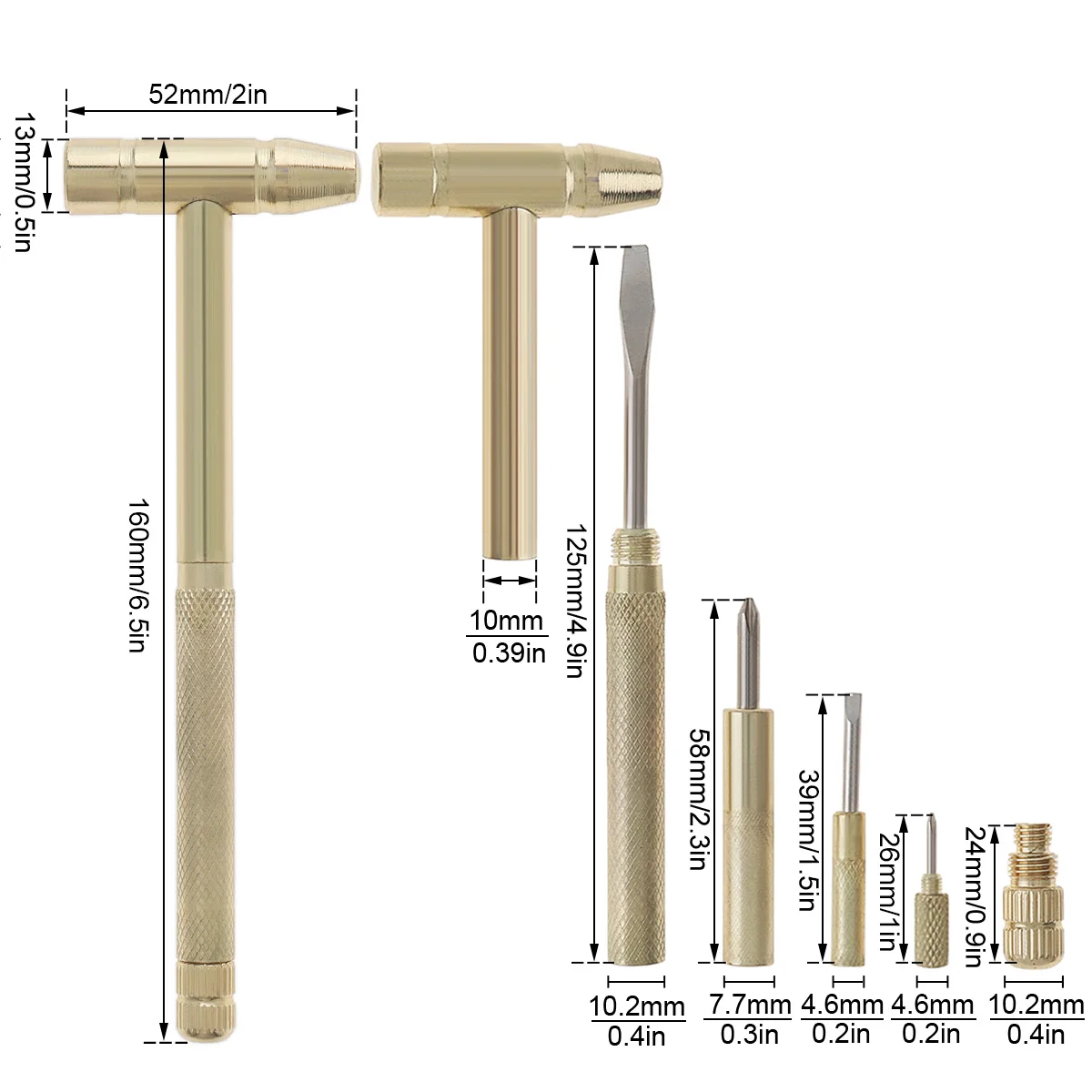 6 In 1 Mini Multifunction Hammer Screwdriver Set Copper Steel Gold Hammer Hand Tool Kit for Watchmaker Jewelers Eating Walnuts