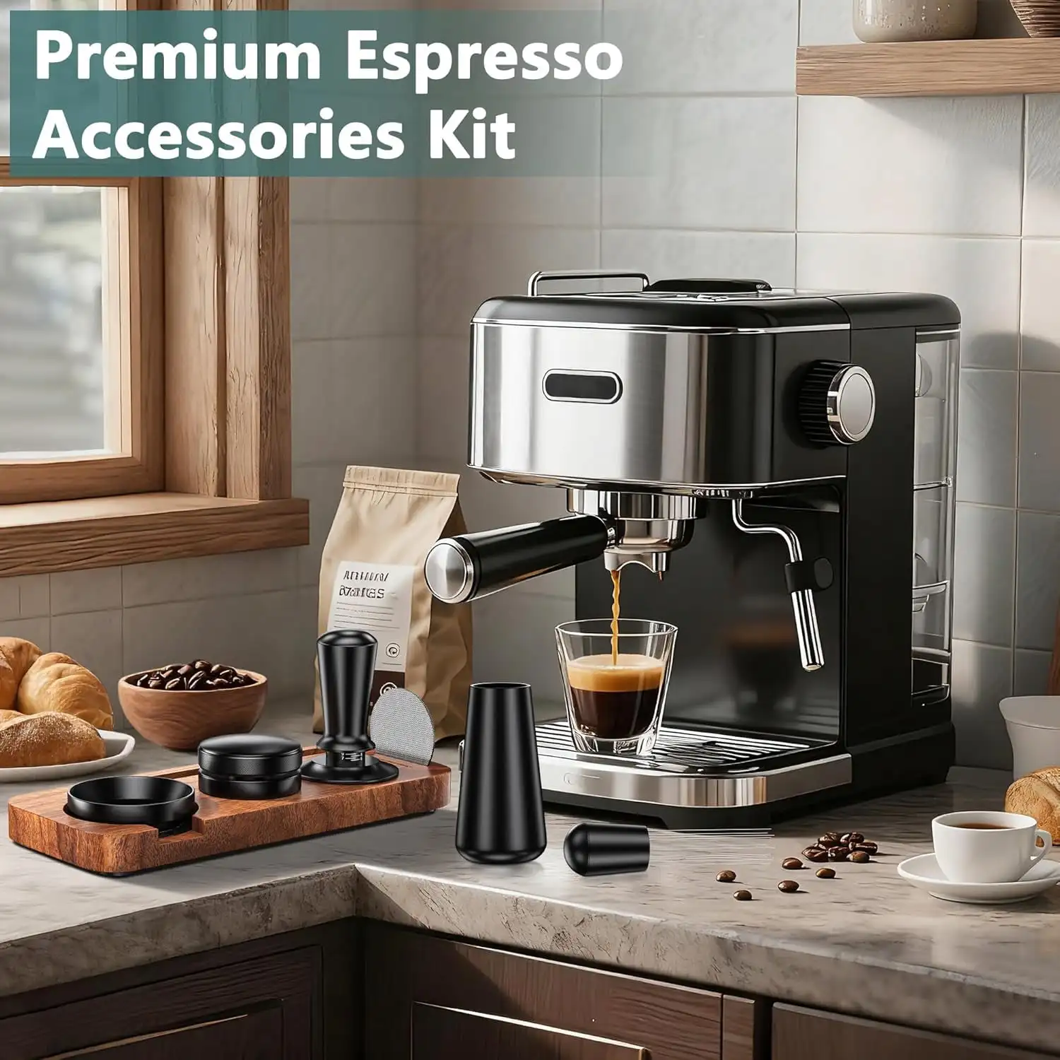 1 Pack 58mm Espresso Making Accessories 7 Pcs Coffee Tamper Tamping Station Distributor WDT Tool Dosing Funnel Puck Screen For Beginner Home Barista