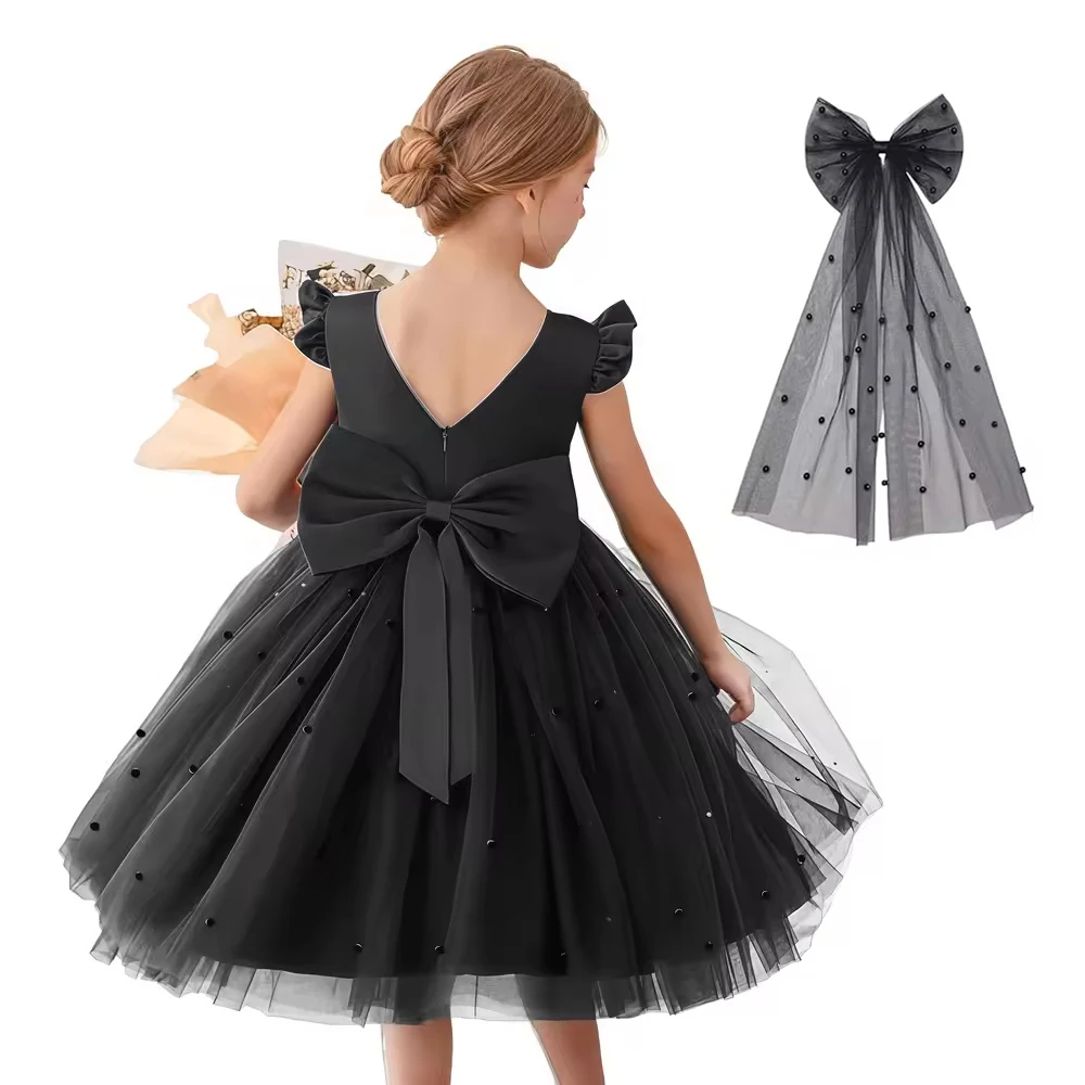 Flower Girl Bridesmaid Princess Dress Wedding Dress With Headband  For Birthday Girls Party Dresses Backless Kids Evening Dress