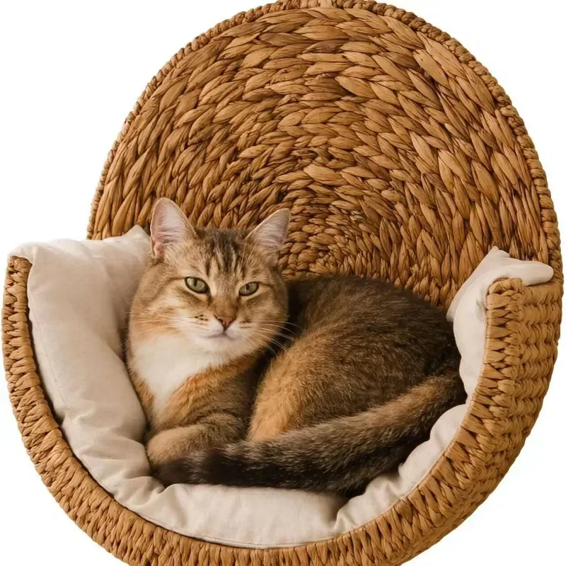 Heavy Duty Upgraded Wall Hanging Handmade Straw Cat Nest Encrypted Rattan Woven Wall Cat Hammock with Removable Washable