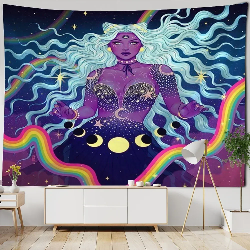 Psychedelic girl tapestry wall hanging cloth sun moon starry sky tapestry hippie eye tapestry dormitory decoration hanging cloth