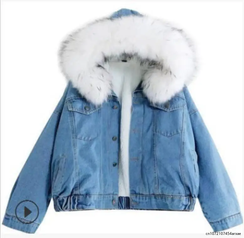 2023 Faux Fur Collar Denim Jacket Women Winter Hooded Warm Jean Coat Student Basic Parkas Female Bomber Jacket