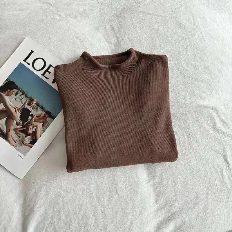 Pulôver suéter apertado de manga comprida com guarnição de orelha preta camada base pulôver feminino outono inverno top