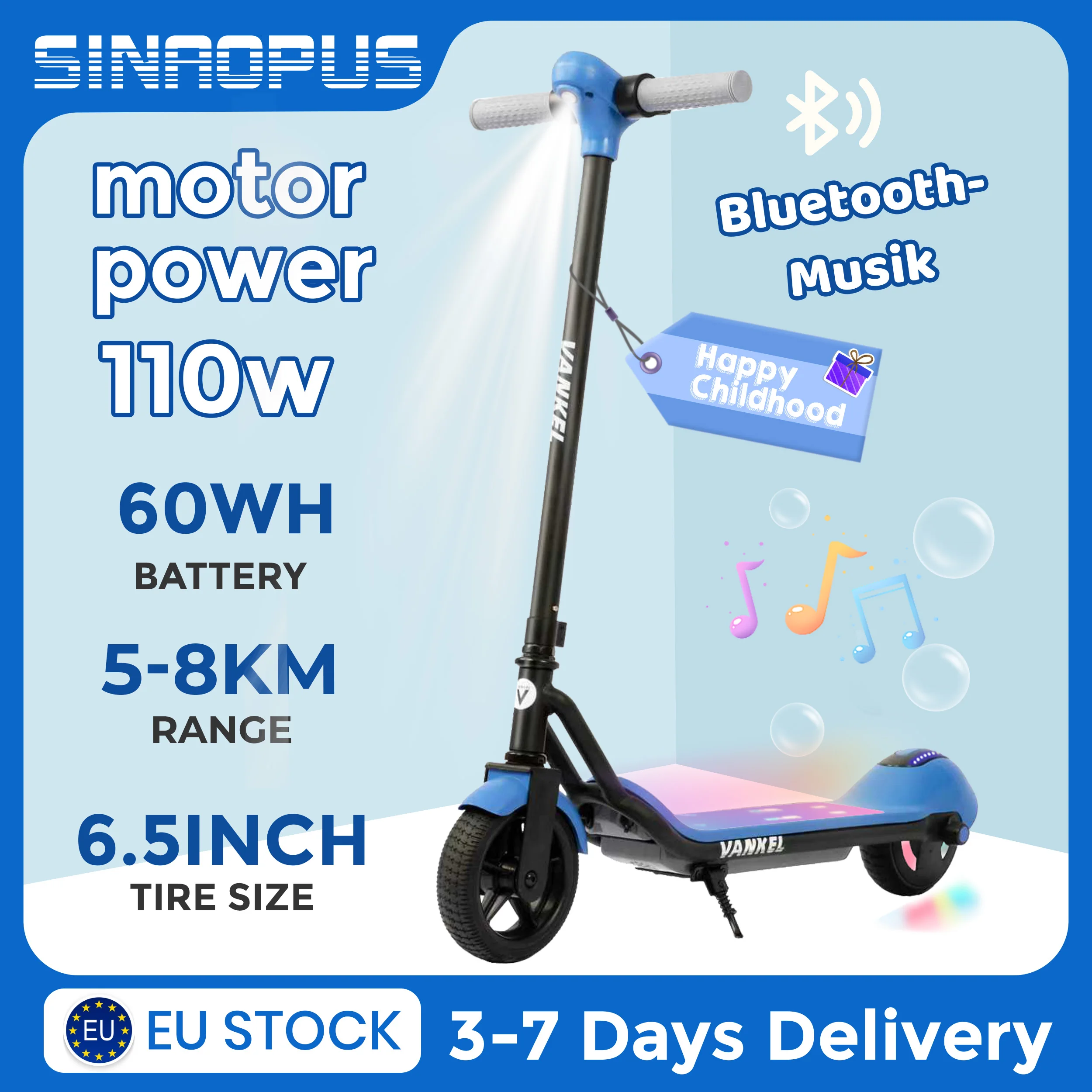 Scooter électrique pour enfants Sinaopus, scooter électrique de 6,5 pouces pour enfants de 6 ans et plus, moteur 110W, musique Bluetooth, vitesse maximale de 14 km/h, cadeaux pour enfants