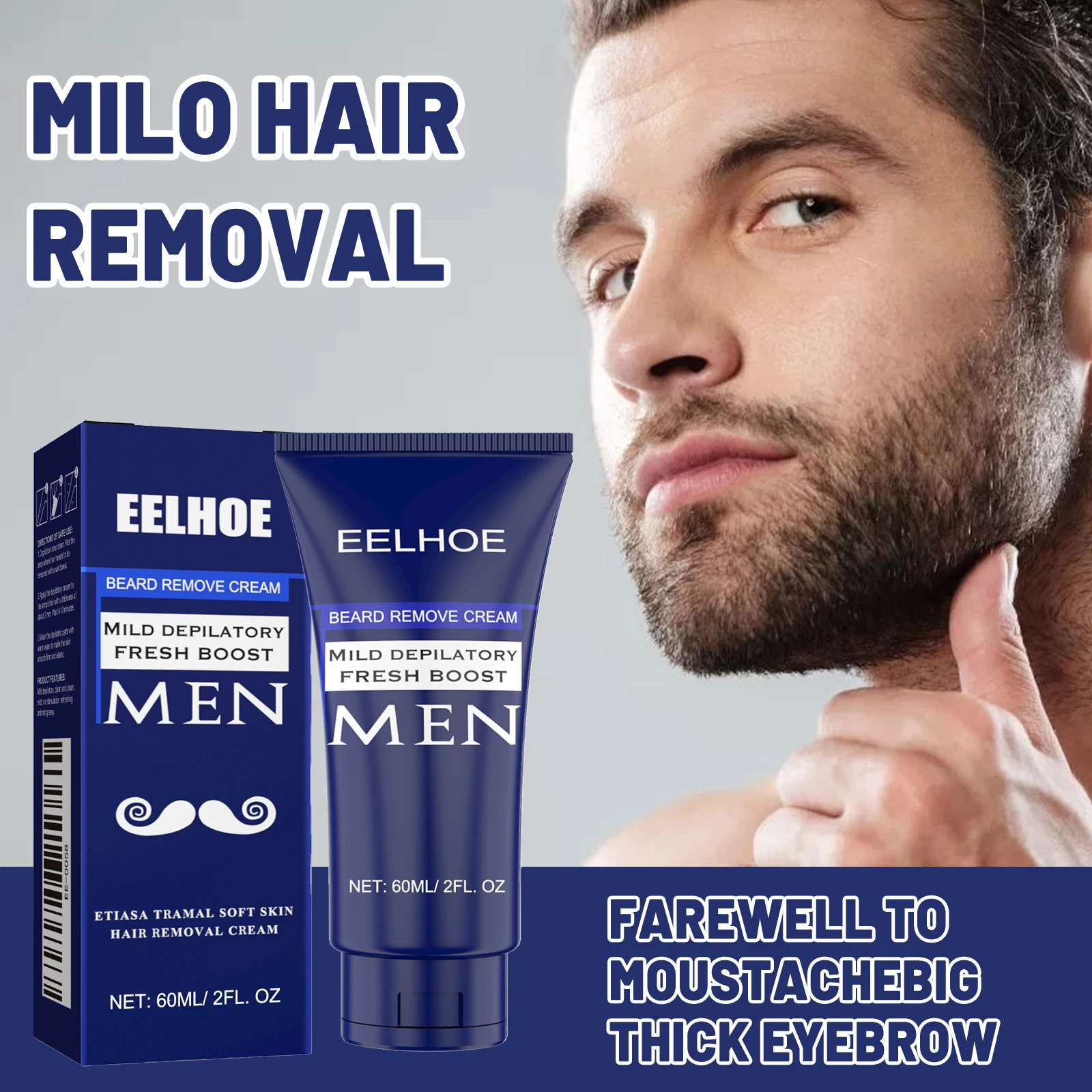 Men's Hair Removal Cream, Gentle Cleansing for Chest Hair & Beard, Mild Moisturizing Non-Irritating Depilatory Cream